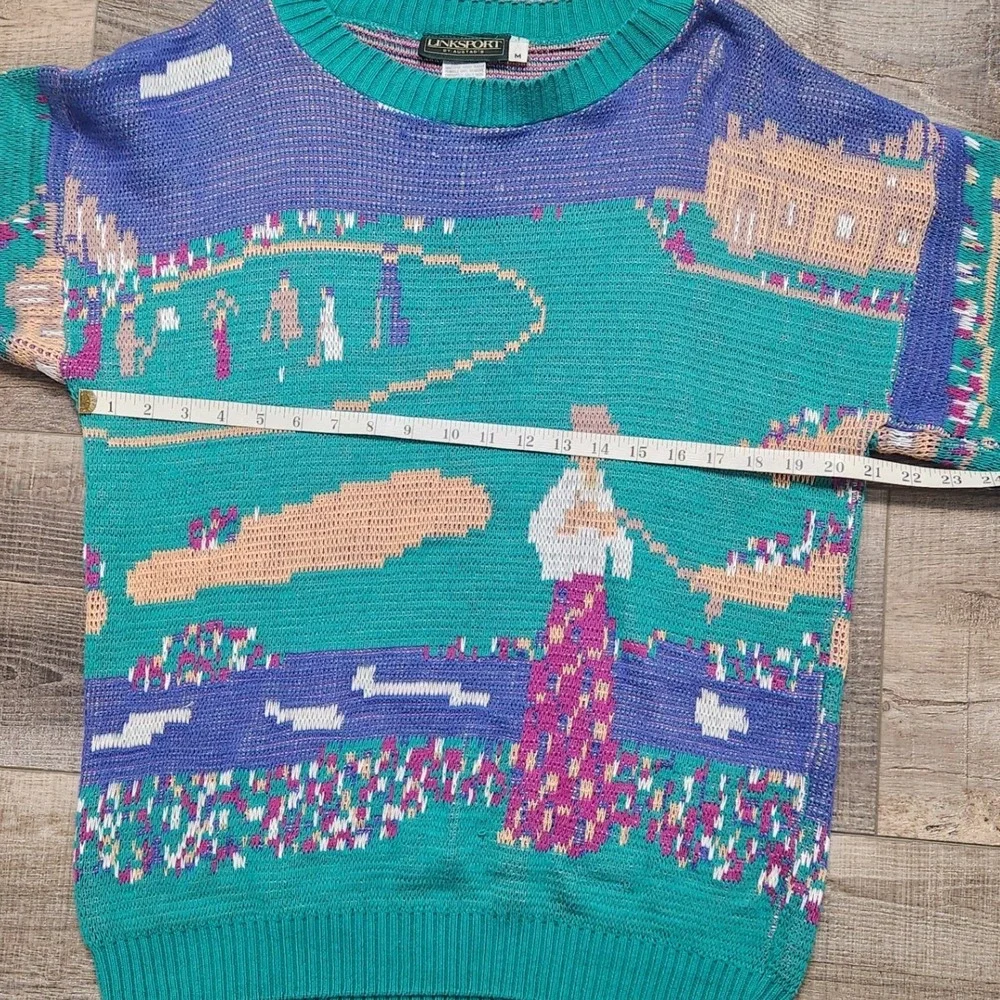 Linksport Golf Course Sweater Mens Medium Teal Vintage 90s USA Intarsia Good
